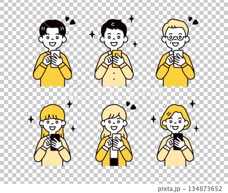 スマートフォンを見て喜ぶ・感激する、様々な年齢の男女の人物のベクターイラスト素材セット スマートフォンを見て喜ぶ・感激する、様々な年齢の男女の人物のベクターイラスト素材セット 134873652