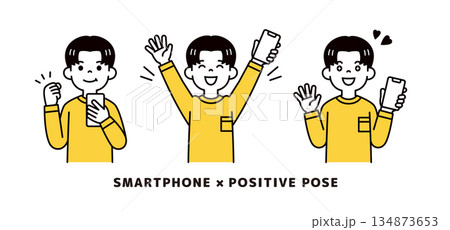 スマートフォンを手に、ポジティブな表情・ポーズをする若い男性のベクターイラスト素材セット 134873653