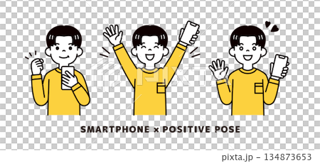 一組向量插圖素材，描繪了一位表情積極、姿態舒展的年輕男子，他手持一部智慧型手機。 134873653