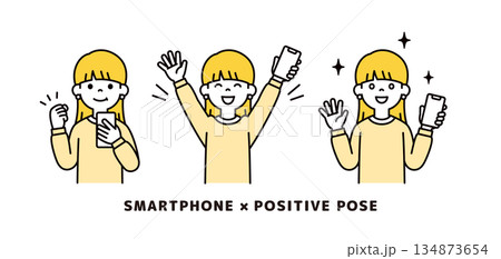 スマートフォンを手に、ポジティブな表情・ポーズをする若い女性のベクターイラスト素材セット 134873654