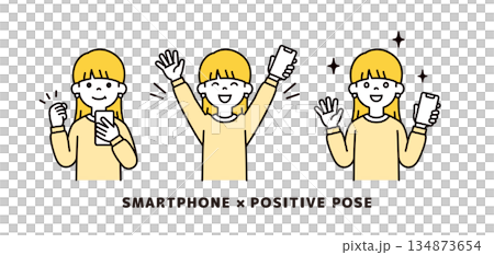 スマートフォンを手に、ポジティブな表情・ポーズをする若い女性のベクターイラスト素材セット 134873654