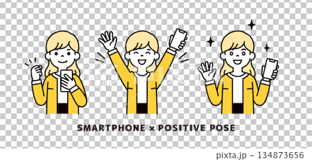 一組向量插圖素材，描繪了面帶笑容、姿勢積極的女性和家庭主婦手持智慧型手機的形象。 134873656