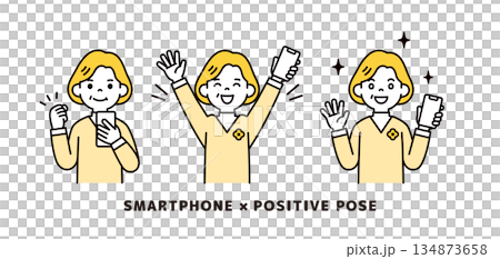 一組向量插圖素材，描繪了一位表情和姿態都十分積極的祖母，她手持一部智慧型手機。 134873658