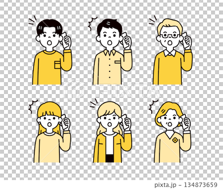 A set of upper body vector illustrations of men and women of various ages talking on a smartphone with a surprised expression A set of upper body vector illustrations of men and women of various ages talking on a smartphone with a surprised expression 134873659