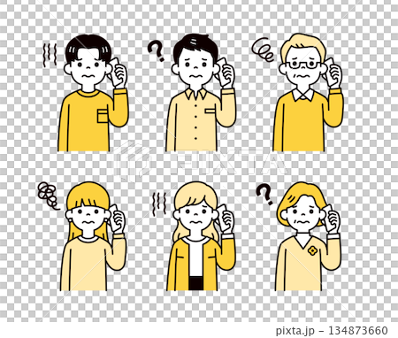 困った表情でスマホで通話する、様々な年代の男性と女性の上半身ベクターイラスト素材セット 困った表情でスマホで通話する、様々な年代の男性と女性の上半身ベクターイラスト素材セット 134873660