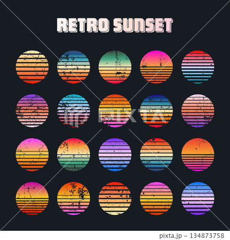 Grunge vintage colorful sunset. Striped gradient sunrise badges in 80s and 90s style. Sun and ocean view, summer vibes, surfing. Design element for print, logo or t-shirt. Vector illustration 134873758
