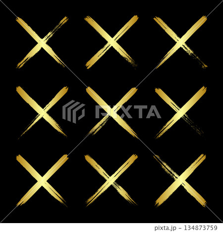 Golden grunge crosses, brush strokes, lines, ink smudges, hand-drawn scribble shapes. Handmade sketchy marks, acrylic stains, charcoal streaks. Paint textures, dry brush effect. Vector illustration 134873759