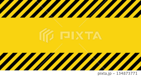 Warning sign with yellow and black diagonal lines. Attention, danger or caution symbol. Construction site signage, road safety notice, hazard banner, security alert shield. Vector illustration 134873771