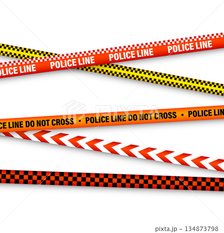 Barricade construction tape. Colorful police warning line, brightly colored danger or hazard stripe, ribbon. Restricted area, zone. Attention symbol. Vector illustration Barricade construction tape. Colorful police warning line, brightly colored danger or hazard stripe, ribbon. Restricted area, zone. Attention symbol. Vector illustration 134873798