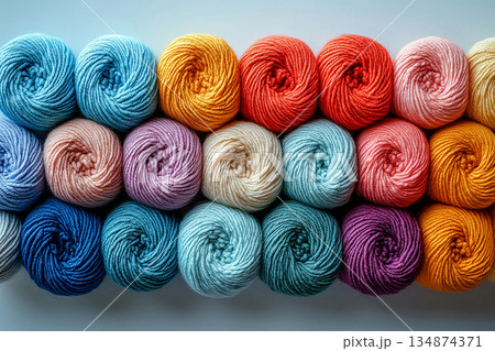 Ready to Create. Colorful yarns for knitting on a white background. Top view. Ready to Create. Colorful yarns for knitting on a white background. Top view. 134874371