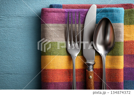 Set for everyday dining. Fork, knife and spoon on a colorful napkin. Casual dining setting. Country lifestyle. 134874372