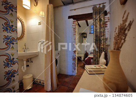 Cozy rustic bathroom and living area in a brick doorway home with vintage decor 134874605