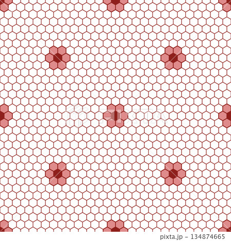 Honeycomb grid texture with flowers and geometric hive hexagonal-shaped honeycombs. Grid red white seamless pattern. Fashion tiles geometric design. 134874665