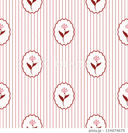 Rustic Romantic Meadow pink Flowers and red Stripes Vector Seamless Pattern. Cottagecore Garden Flowers print 134874670