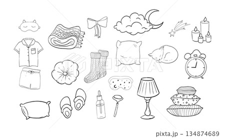 Sleep set hand drawn night symbols doodle. Pillow line bedroom relax, sleeping mask, stars and moon. Warm cozy clothes, socks. Sleepy mood, Sleep set hand drawn night symbols doodle. Pillow line bedroom relax, sleeping mask, stars and moon. Warm cozy clothes, socks. Sleepy mood, 134874689