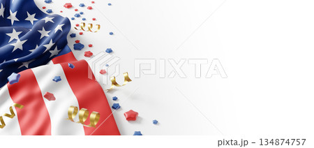 4th of july usa Independence day banner design of american flag and star with golden ribbon on white background with copy space 3D render 134874757