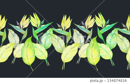 Watercolor tropical leaf border with layered exotic greenery and delicate botanical details, ideal for packaging, textiles, invitations, branding, and elegant decorative designs. Watercolor tropical leaf border with layered exotic greenery and delicate botanical details, ideal for packaging, textiles, invitations, branding, and elegant decorative designs. 134874816