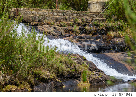 A gentle tiered waterfall cascades over dark rock into a calm pool surrounded by highland shrubs and open grassland in Horton Plains National Park. 134874942