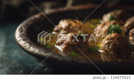 Traditional Lion's Head Meatballs in Savory Broth and Rustic Bowl 134875015