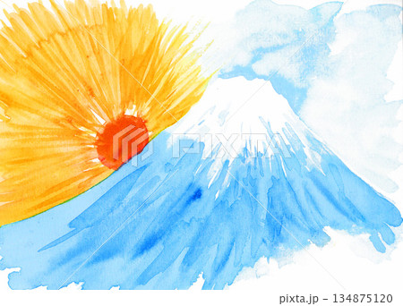 水彩で描いた富士山と初日の出251231pix7 134875120