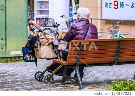 日本の横浜都市景観 師走…高齢化社会　ベンチの高齢女性　愛犬とともに…人生とは… 134877021