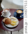korea cafe bun cheese latte art breakfast with coffee and croissant 134877511