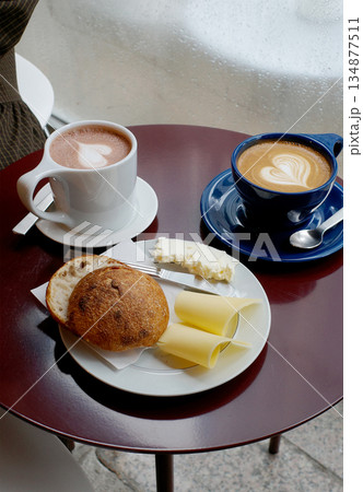 korea cafe bun cheese latte art breakfast with coffee and croissant korea cafe bun cheese latte art breakfast with coffee and croissant 134877511