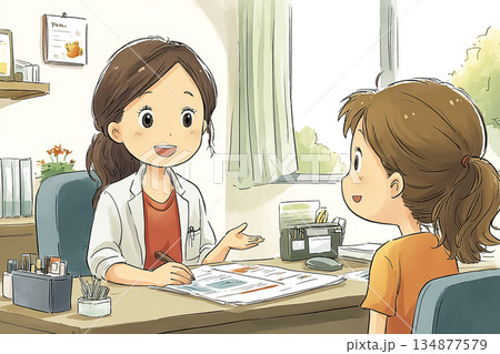 看護師が検査前に内容をやさしく説明する医療カウンセリングのイラスト 看護師が検査前に内容をやさしく説明する医療カウンセリングのイラスト 134877579