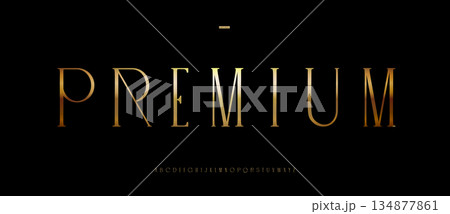 Premium golden font logo alphabet elegant serif typography, thin narrow condensed letters for premium product, beauty industry logo, luxury branding, gold vintage headline fonts. Vector logos typeset 134877861