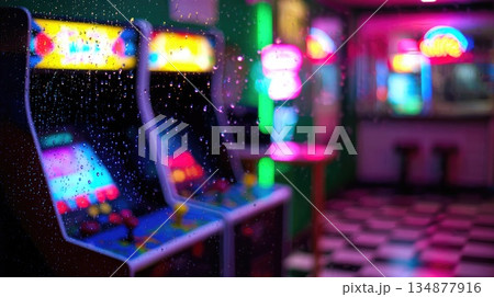 Retro Arcade Machines Behind Rainy Glass with Vibrant Neon Colors 134877916