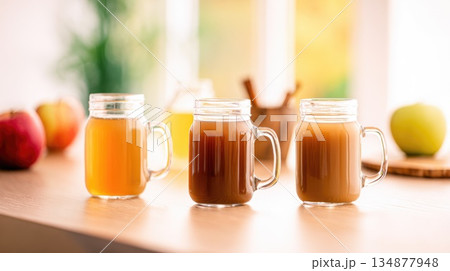 Glass Jars of Apple Cider and Juice on Wooden Table in Warm Kitchen Light 134877948