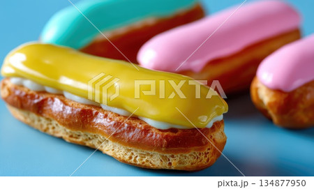 Assorted Glazed Eclairs with Cream Filling on Blue Background, Close-Up Food Photography 134877950