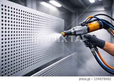 Industrial Powder Coating Process with Spray Gun Applying Protective Finish on Metal Panels 134878082