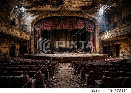 Abandoned Historic Theater Interior with Decayed Stage and Empty Seats 134878112