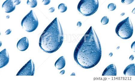 Blue Water Droplets Floating on White Abstract Background Blue Water Droplets Floating on White Abstract Background 134878212