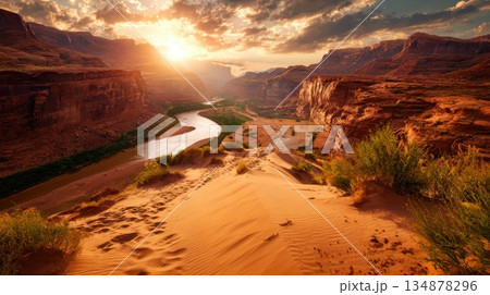 Sunset Over a Winding River in a Majestic Red...のイラスト素材 [134878296] - PIXTA