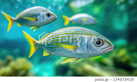 Tropical Fish Swimming in Clear Blue Water with Coral Background Tropical Fish Swimming in Clear Blue Water with Coral Background 134878419
