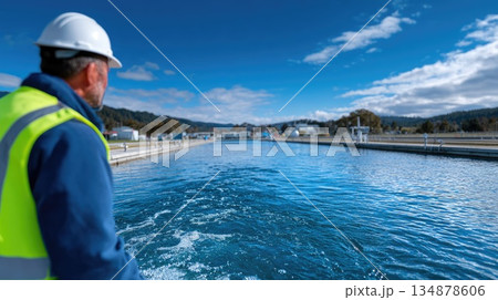 Water Treatment Plant Operator Monitoring Clean Water Basin Under Blue Sky 134878606