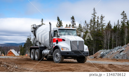 Concrete Mixer Truck Driving on Construction Site in Rural Landscape Concrete Mixer Truck Driving on Construction Site in Rural Landscape 134878612