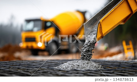 Fresh Concrete Being Poured onto Reinforcement at Construction Site Fresh Concrete Being Poured onto Reinforcement at Construction Site 134878613