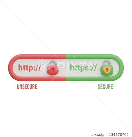 3d illustration comparing http (unsecure) and https (secure) website protocols, with lock icons for cybersecurity and web safety concepts 3d illustration comparing http (unsecure) and https (secure) website protocols, with lock icons for cybersecurity and web safety concepts 134878763