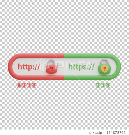3d illustration comparing http (unsecure) and https (secure) website protocols, with lock icons for cybersecurity and web safety concepts 3d illustration comparing http (unsecure) and https (secure) website protocols, with lock icons for cybersecurity and web safety concepts 134878763