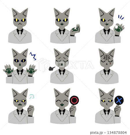 スーツを着た猫の男性の上半身【表情9種】 134878804