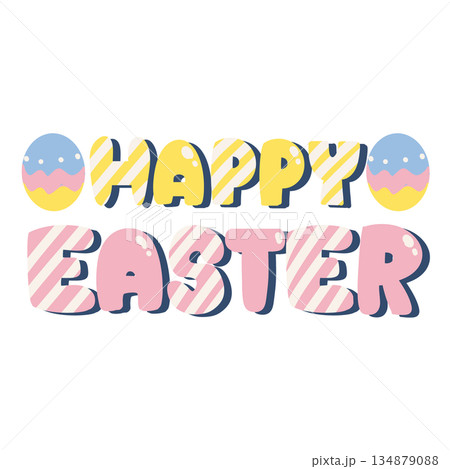 HappyEasterの文字とイースターエッグのイラスト 134879088