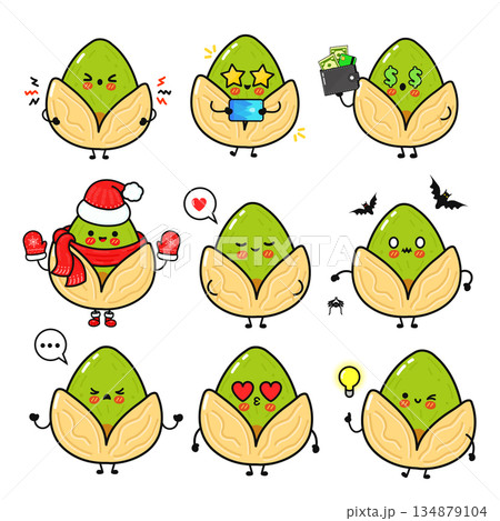 Cute pistachio character expressing various emotions and concepts Cute pistachio character expressing various emotions and concepts 134879104