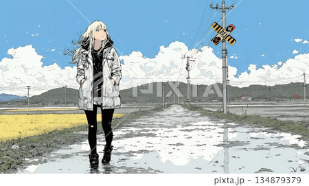 雪解けでぬかるんだ道を歩く若い女性