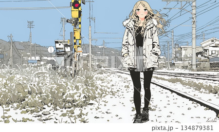 雪解けでぬかるんだ道を歩く若い女性
