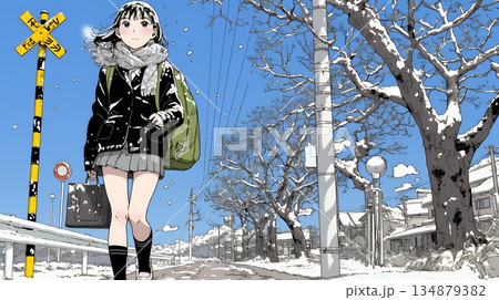 雪解けでぬかるんだ道を歩く若い女性