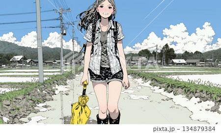 雪解けでぬかるんだ道を歩く若い女性