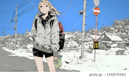 雪解けでぬかるんだ道を歩く若い女性